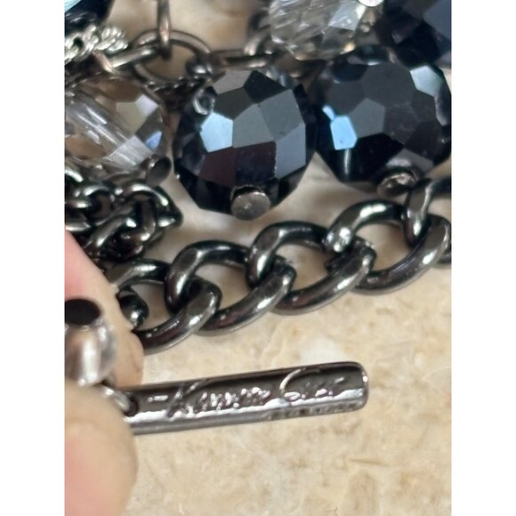 Kenneth Cole Layered Gunmetal Chain Necklace With Black & Clear Faceted Beads & - Picture 7 of 11